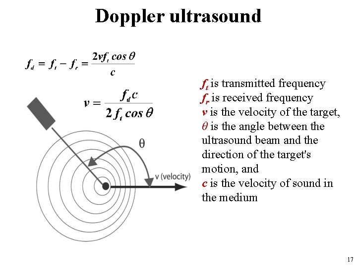 Doppler ultrasound ft is transmitted frequency fr is received frequency v is the velocity