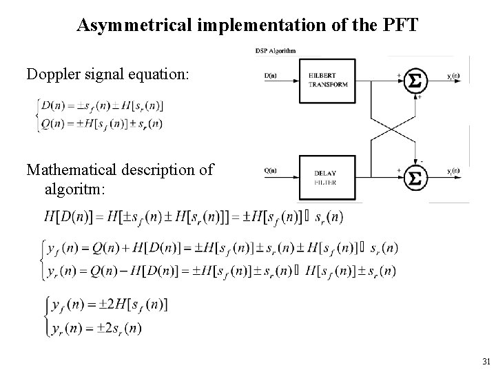 Asymmetrical implementation of the PFT Doppler signal equation: Mathematical description of algoritm: 31 