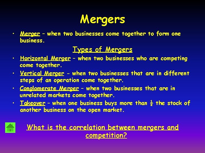 Mergers • Merger – when two businesses come together to form one business. Types