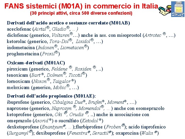 FANS sistemici (M 01 A) in commercio in Italia (30 principi attivi, circa 500 FANS sistemici (M 01 A) in commercio in Italia (30 principi attivi, circa 500