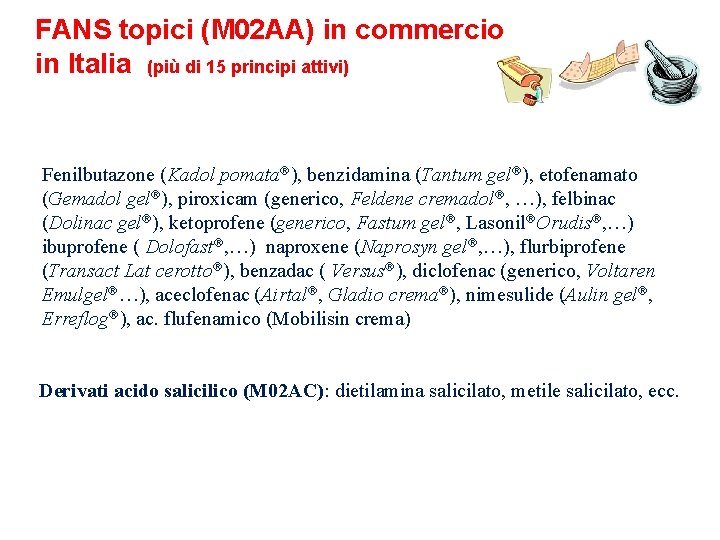 FANS topici (M 02 AA) in commercio in Italia (più di 15 principi attivi) FANS topici (M 02 AA) in commercio in Italia (più di 15 principi attivi)