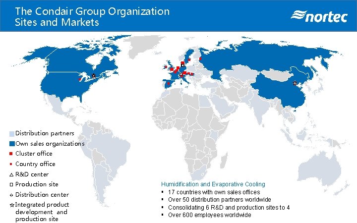 The Condair Group Organization Sites and Markets Distribution partners Own sales organizations Cluster office