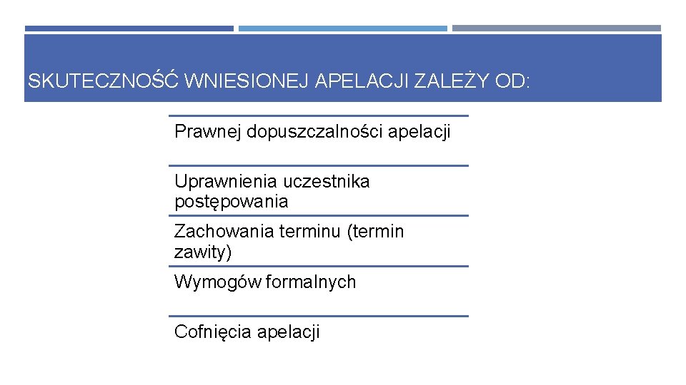 SKUTECZNOŚĆ WNIESIONEJ APELACJI ZALEŻY OD: Prawnej dopuszczalności apelacji Uprawnienia uczestnika postępowania Zachowania terminu (termin SKUTECZNOŚĆ WNIESIONEJ APELACJI ZALEŻY OD: Prawnej dopuszczalności apelacji Uprawnienia uczestnika postępowania Zachowania terminu (termin
