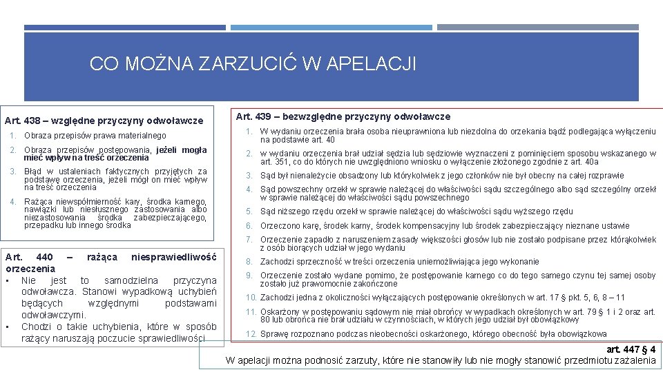 CO MOŻNA ZARZUCIĆ W APELACJI Art. 438 – względne przyczyny odwoławcze Art. 439 – CO MOŻNA ZARZUCIĆ W APELACJI Art. 438 – względne przyczyny odwoławcze Art. 439 –