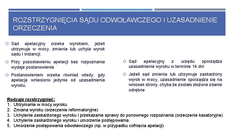 ROZSTRZYGNIĘCIA SĄDU ODWOŁAWCZEGO I UZASADNIENIE ORZECZENIA Sąd apelacyjny orzeka wyrokiem, jeżeli utrzymuje w mocy,