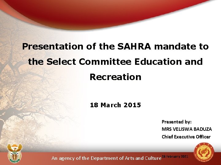 Presentation of the SAHRA mandate to the Select Committee Education and Recreation 18 March