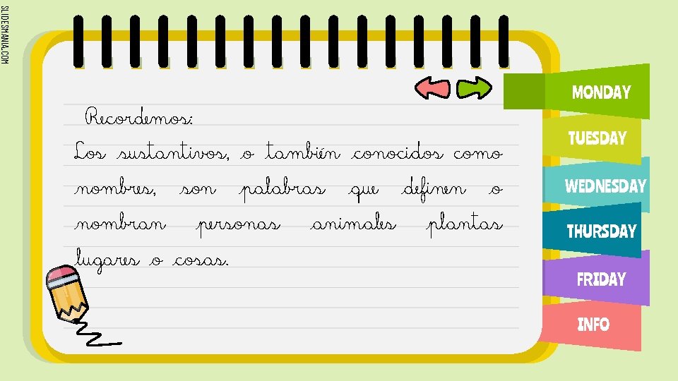 SLIDESMANIA. COM MONDAY Recordemos: Los _sustantivos, _o _también _conocidos como _nombres, _nombran _son _palabras