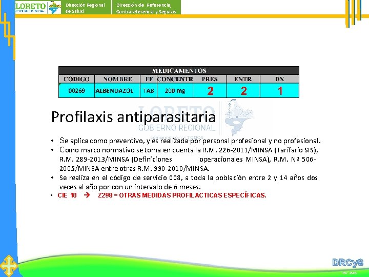 Dirección Regional de Salud Dirección de Referencia, Contrareferencia y Seguros Profilaxis antiparasitaria • Se Dirección Regional de Salud Dirección de Referencia, Contrareferencia y Seguros Profilaxis antiparasitaria • Se