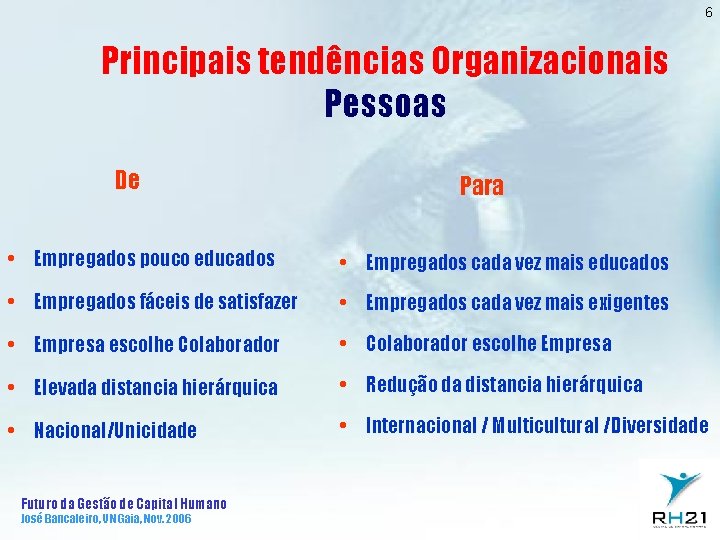 6 Principais tendências Organizacionais Pessoas De Para • Empregados pouco educados • Empregados cada