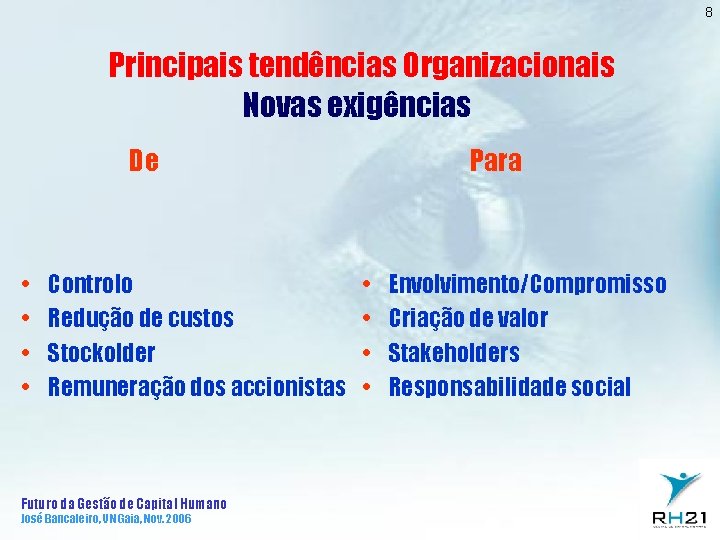 8 Principais tendências Organizacionais Novas exigências De • • Controlo Redução de custos Stockolder