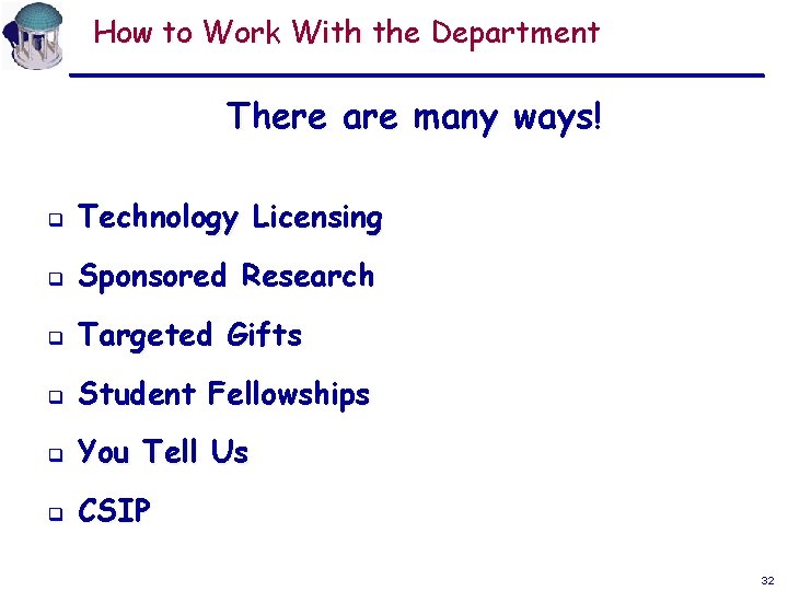 How to Work With the Department There are many ways! q Technology Licensing q