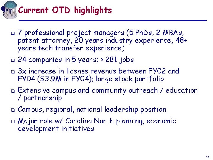 Current OTD highlights q q q 7 professional project managers (5 Ph. Ds, 2