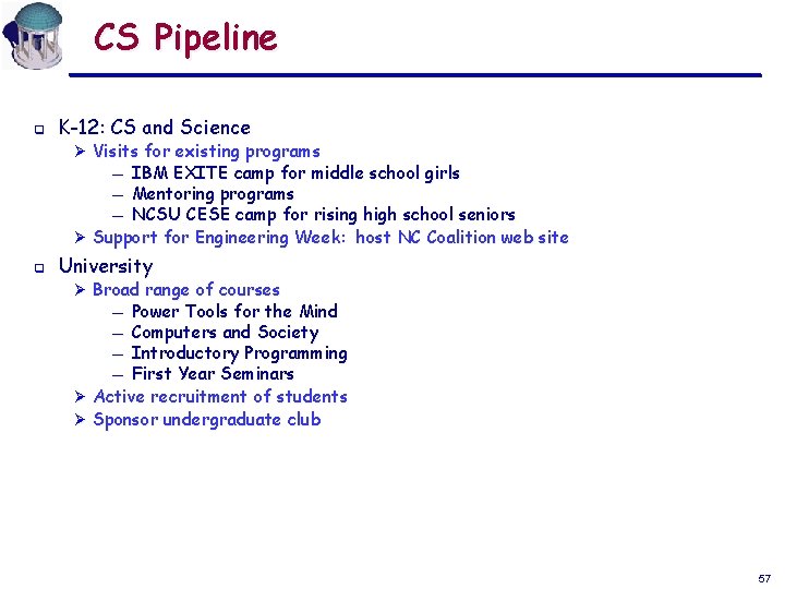 CS Pipeline q K-12: CS and Science Ø Visits for existing programs IBM EXITE CS Pipeline q K-12: CS and Science Ø Visits for existing programs IBM EXITE
