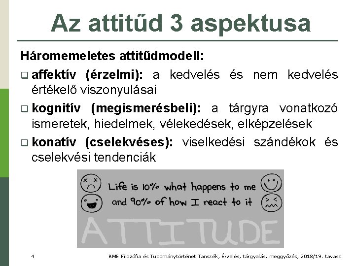 Az attitűd 3 aspektusa Háromemeletes attitűdmodell: q affektív (érzelmi): a kedvelés és nem kedvelés