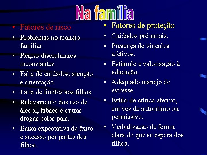  • Fatores de risco • Fatores de proteção • Problemas no manejo familiar.