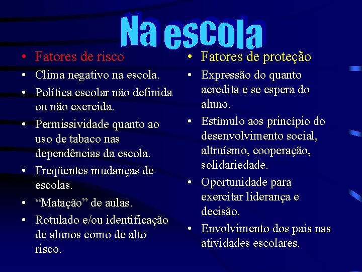  • Fatores de risco • Fatores de proteção • Clima negativo na escola.