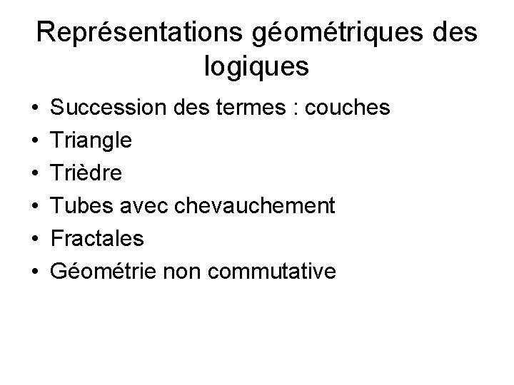 Représentations géométriques des logiques • • • Succession des termes : couches Triangle Trièdre