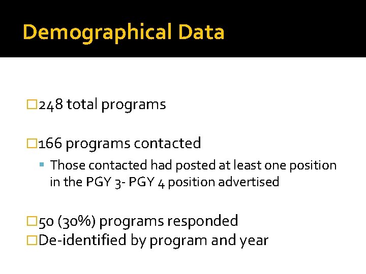 Demographical Data � 248 total programs � 166 programs contacted Those contacted had posted