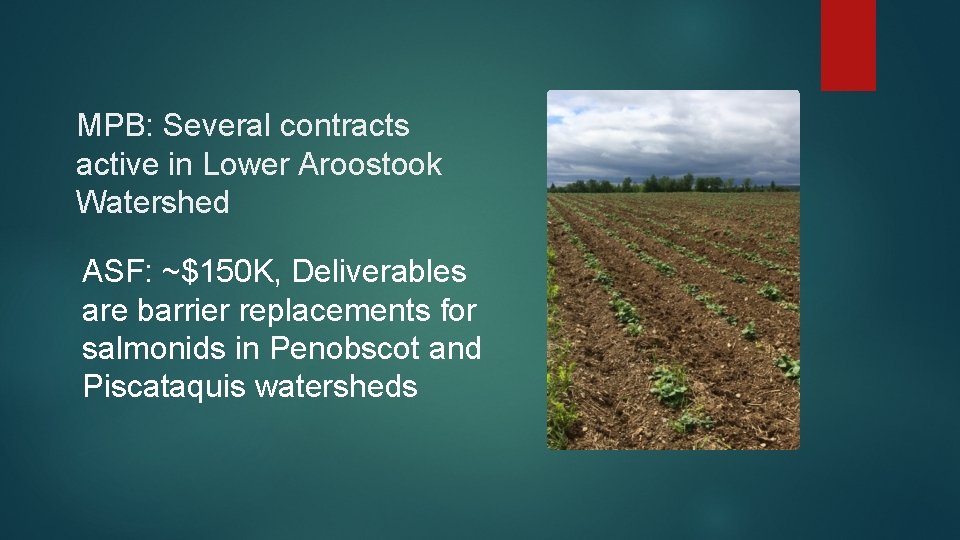 MPB: Several contracts active in Lower Aroostook Watershed ASF: ~$150 K, Deliverables are barrier