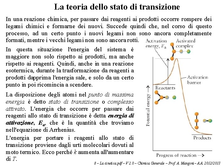 La teoria dello stato di transizione In una reazione chimica, per passare dai reagenti