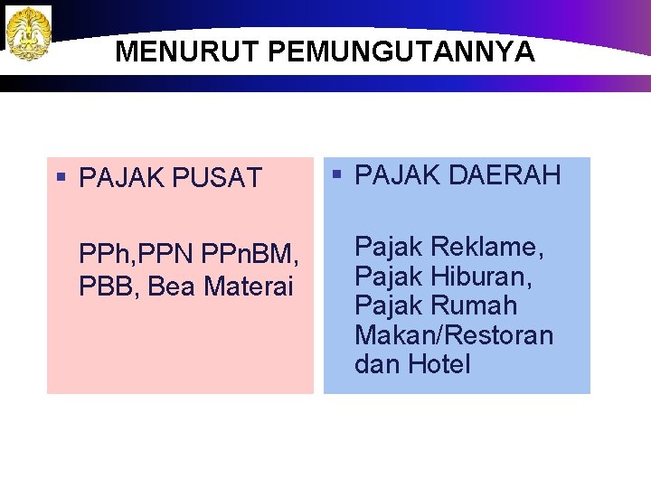 MENURUT PEMUNGUTANNYA § PAJAK PUSAT PPh, PPN PPn. BM, PBB, Bea Materai § PAJAK