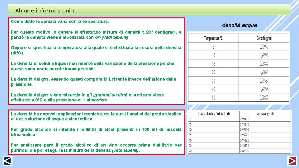Alcune informazioni : Come detto la densità varia con la temperatura. Per questo motivo