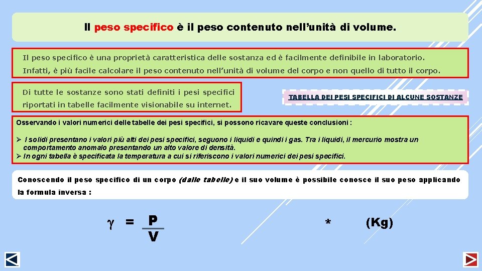 Il peso specifico è il peso contenuto nell’unità di volume. Il peso specifico è