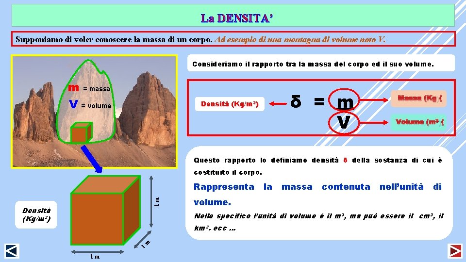 La DENSITA’ Supponiamo di voler conoscere la massa di un corpo. Ad esempio di