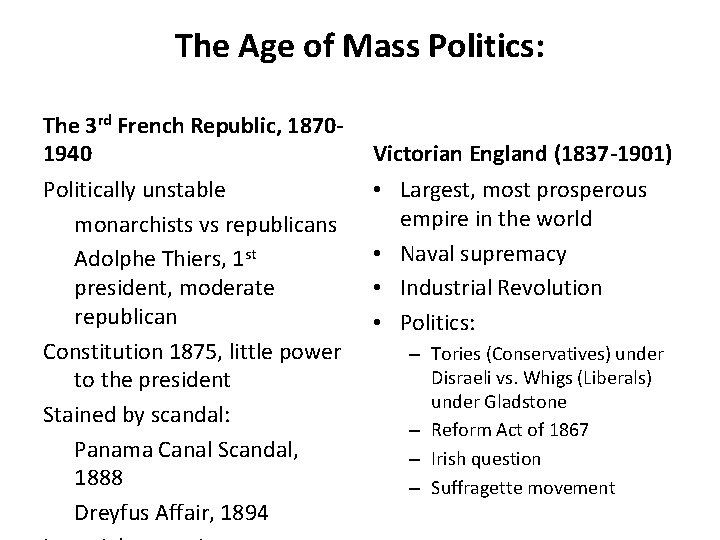 The Age of Mass Politics: The 3 rd French Republic, 18701940 Politically unstable monarchists