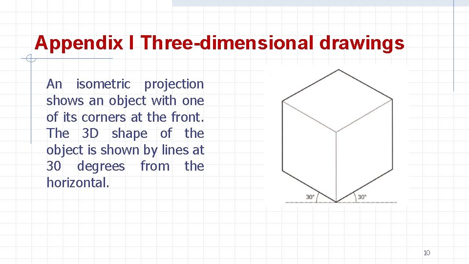 Appendix I Three-dimensional drawings An isometric projection shows an object with one of its