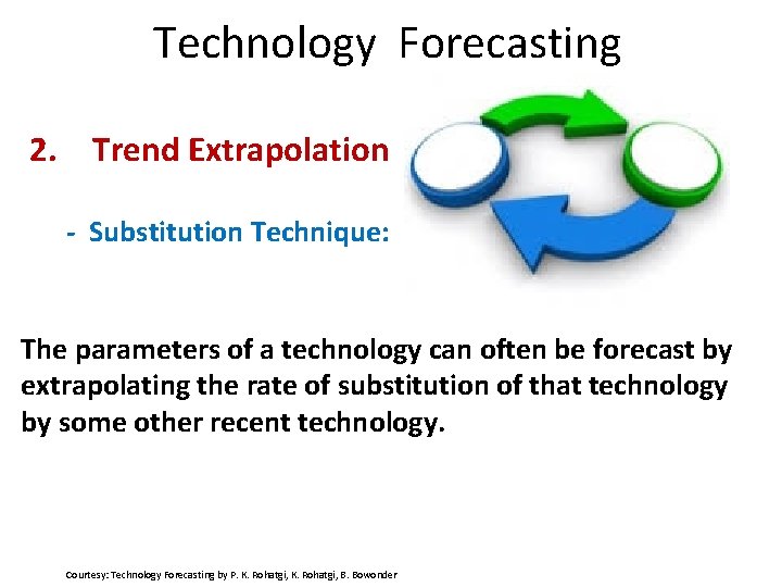 Technology Forecasting 2. Trend Extrapolation - Substitution Technique: The parameters of a technology can