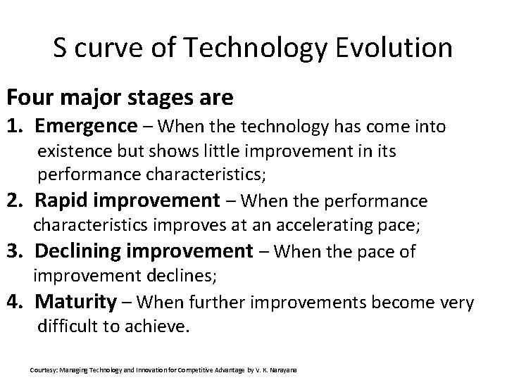 S curve of Technology Evolution Four major stages are 1. Emergence – When the