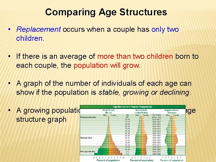 Comparing Age Structures • Replacement occurs when a couple has only two children. •
