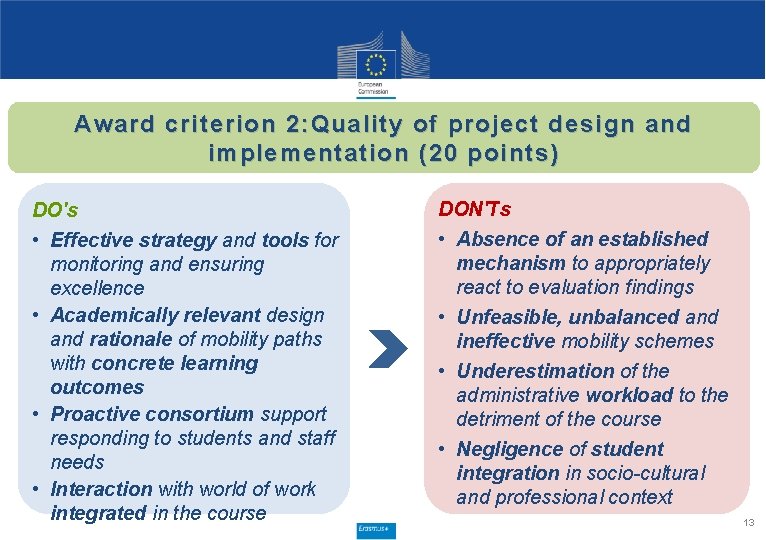 Award criterion 2: Quality of project design and implementation (20 points) DO's • Effective