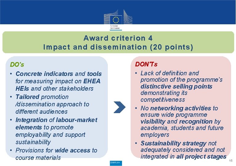 Award criterion 4 Impact and dissemination (20 points) DO's • Concrete indicators and tools