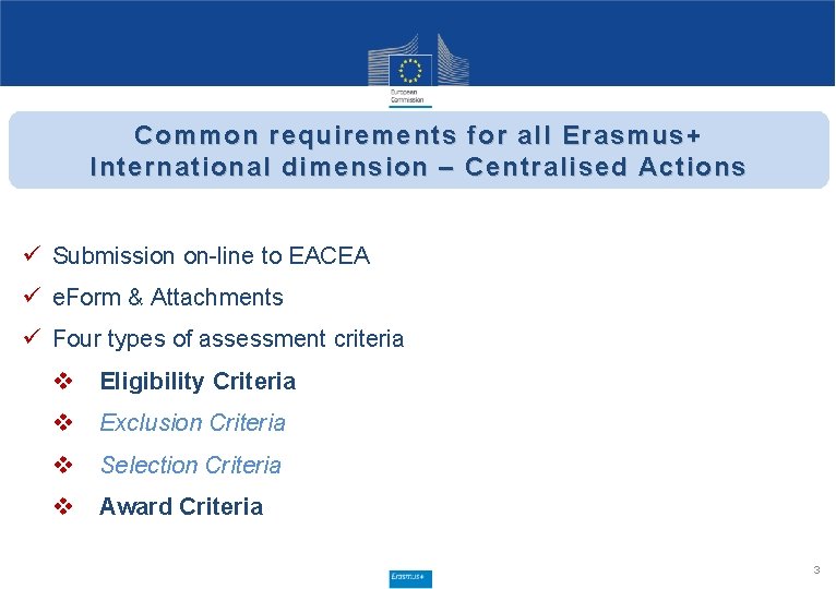 Common requirements for all Erasmus+ International dimension – Centralised Actions ü Submission on-line to