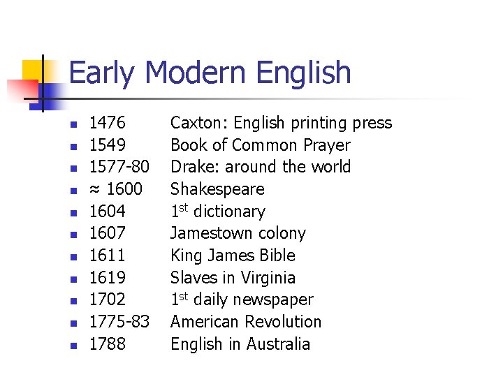 Early Modern English n n n 1476 1549 1577 -80 ≈ 1600 1604 1607