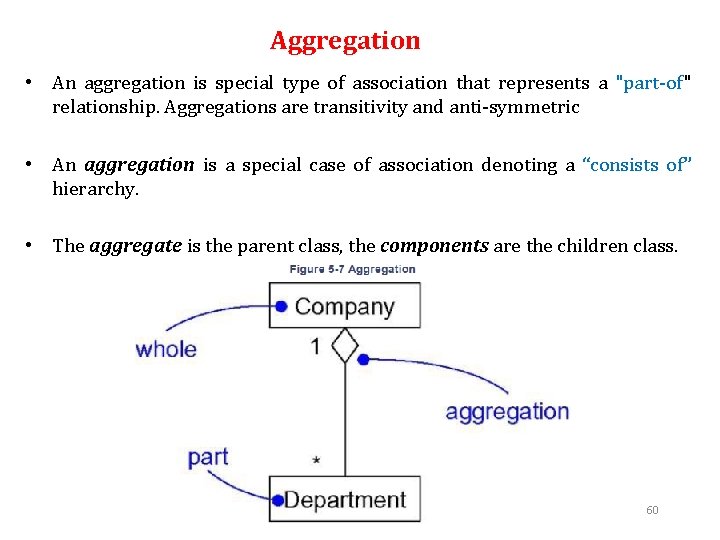 Aggregation • An aggregation is special type of association that represents a "part-of" relationship.