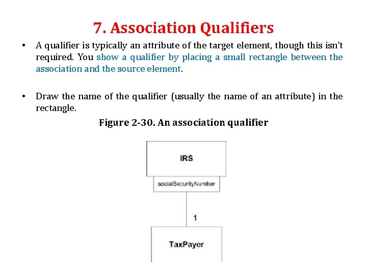 7. Association Qualifiers • A qualifier is typically an attribute of the target element,