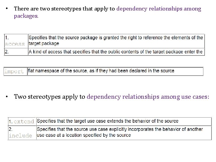  • There are two stereotypes that apply to dependency relationships among packages. •