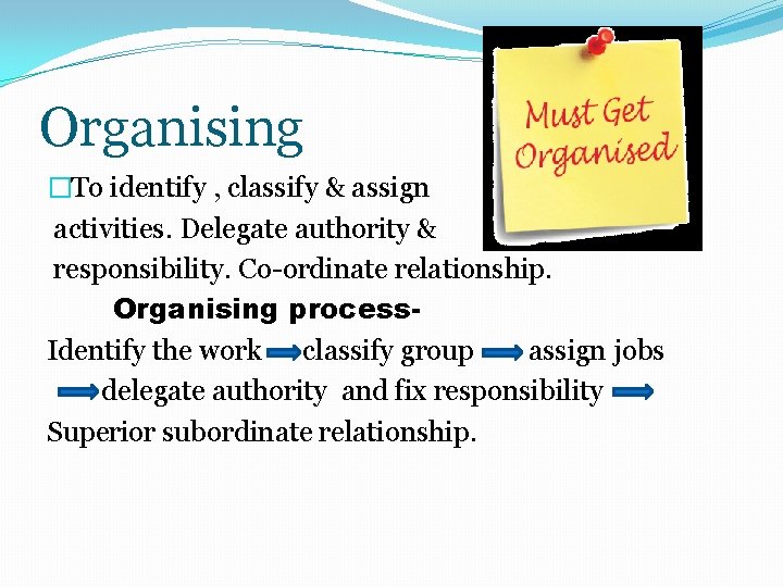 Organising �To identify , classify & assign activities. Delegate authority & responsibility. Co-ordinate relationship.