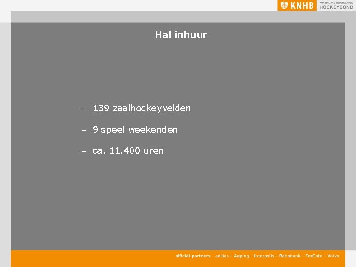 Hal inhuur – 139 zaalhockeyvelden – 9 speel weekenden – ca. 11. 400 uren