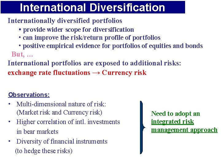 International Diversification Internationally diversified portfolios • provide wider scope for diversification • can improve International Diversification Internationally diversified portfolios • provide wider scope for diversification • can improve