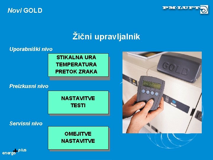 Novi GOLD Žični upravljalnik Uporabniški nivo STIKALNA URA TEMPERATURA PRETOK ZRAKA Preizkusni nivo NASTAVITVE