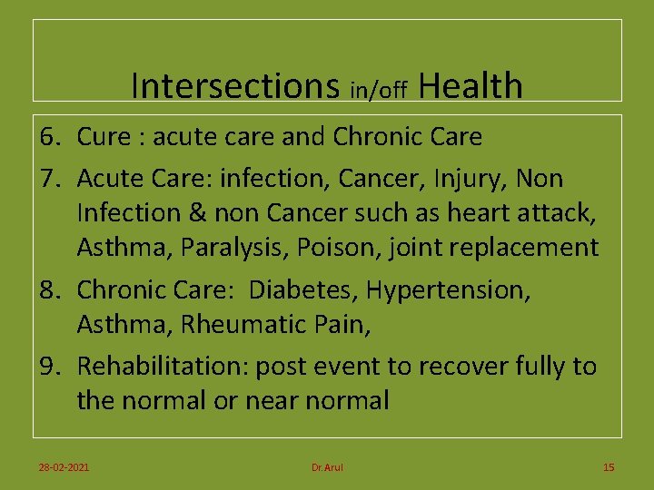 Intersections in/off Health 6. Cure : acute care and Chronic Care 7. Acute Care: