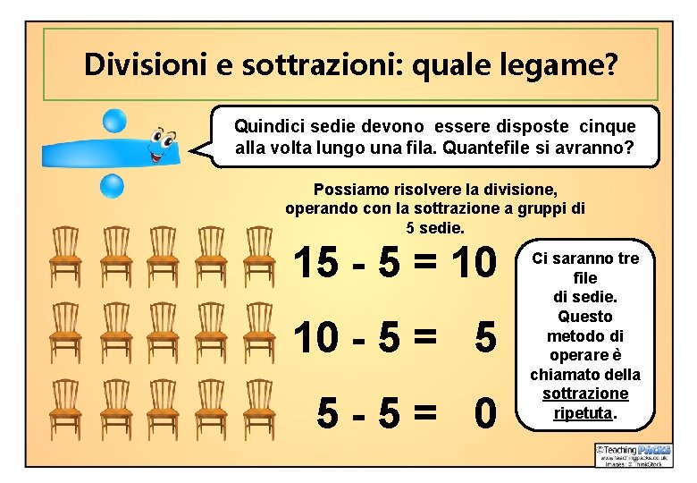 Divisioni e sottrazioni: quale legame? Quindici sedie devono essere disposte cinque alla volta lungo