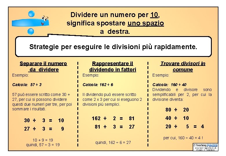 Dividere un numero per 10, significa spostare uno spazio a destra. Strategie per eseguire