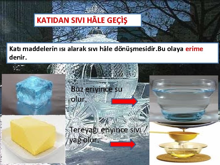 KATIDAN SIVI H LE GEÇİŞ Katı maddelerin ısı alarak sıvı hâle dönüşmesidir. Bu olaya