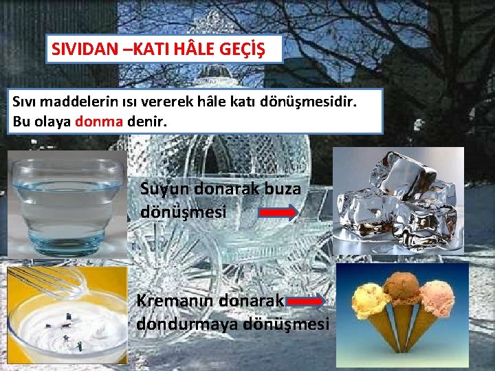 SIVIDAN –KATI H LE GEÇİŞ Sıvı maddelerin ısı vererek hâle katı dönüşmesidir. Bu olaya