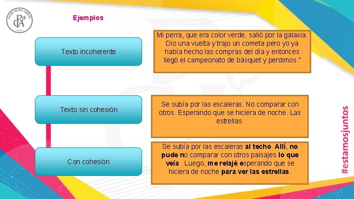 Ejemplos Texto incoherente Mi perra, que era color verde, salió por la galaxia. Dio Ejemplos Texto incoherente Mi perra, que era color verde, salió por la galaxia. Dio
